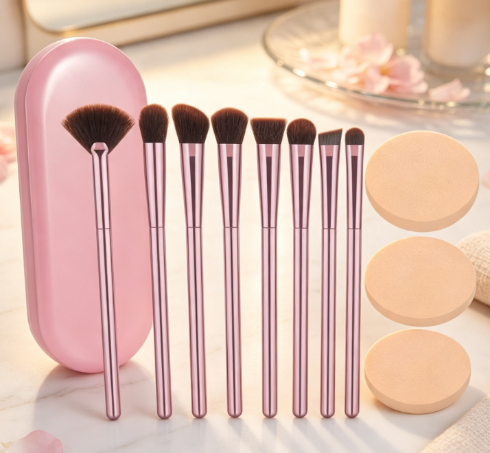 8-Piece Eyeshadow Brush Set With Powder Puff And Storage Case - Image 2