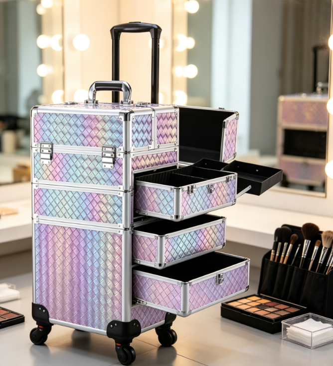 4-in-1 Rolling Makeup Travel Case with Trolley Handle