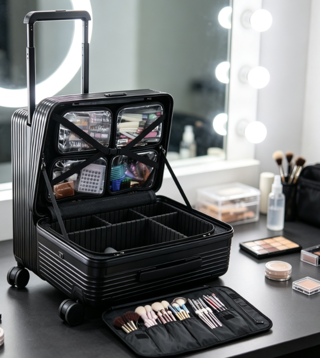 Rolling Makeup Artist Trolley with Handle and Clear Pouches