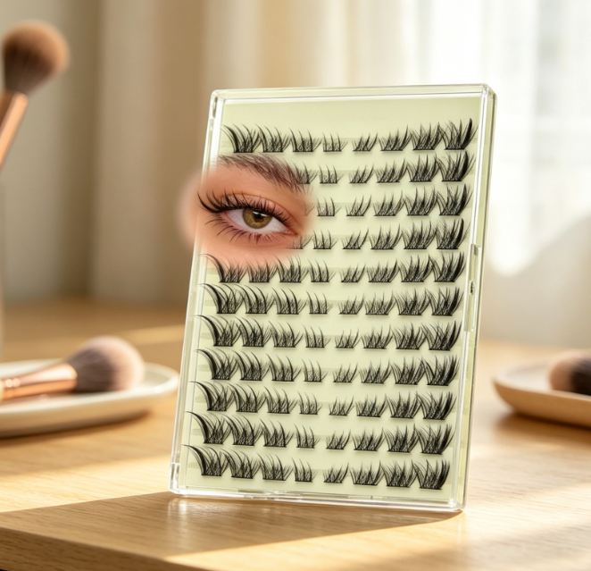 Cat-eye style segmented lashes (C-curl, voluminous)