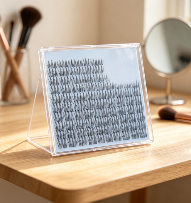Manga-style segmented lashes (C-curl, clear band)