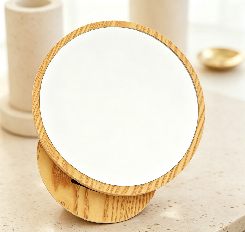 Round wooden-framed makeup mirror