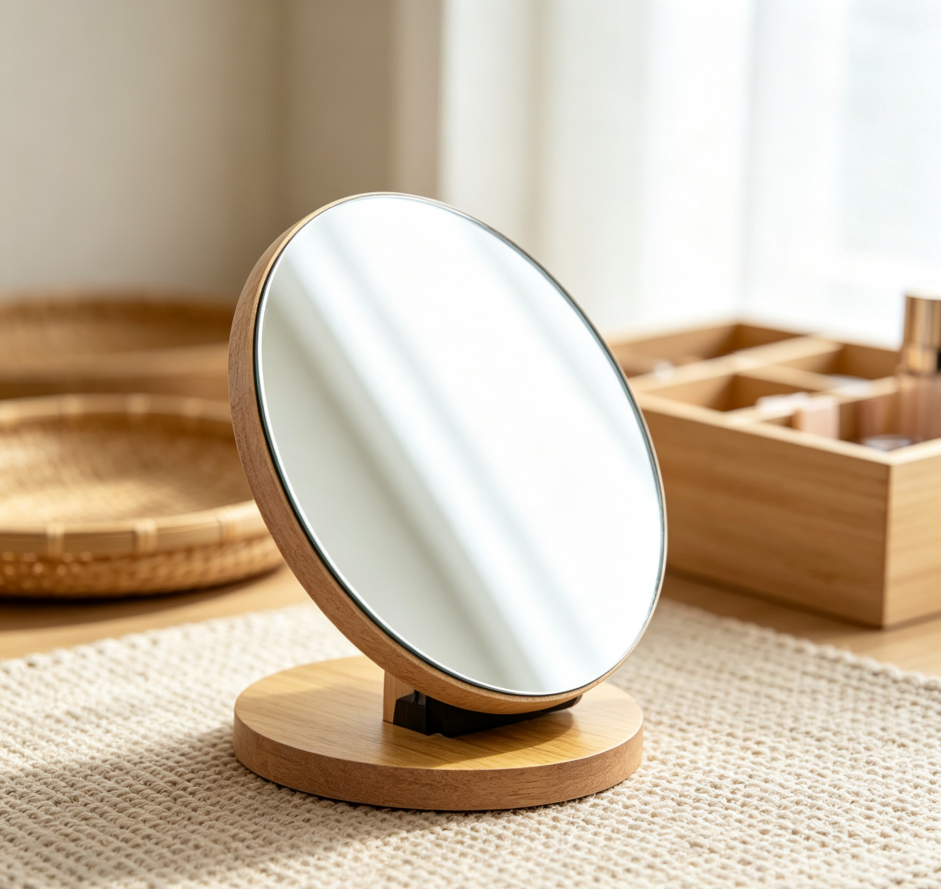 Round wooden makeup mirror